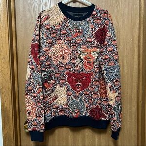 Vintage Zara  Men's Jacquard Tiger Wolf Bear Eagle Fang Animal Graphic Sweater
